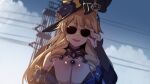 1girl :d adjusting_eyewear bare_shoulders black_headwear blonde_hair blue_sky breasts cleavage cloud english_commentary facing_viewer genshin_impact hand_up highres hinghoi large_breasts navia_(genshin_impact) open_mouth outdoors sky smile solo sunglasses upper_body 
