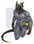  1boy abs avatar_(pso2) bara black_male_underwear black_skin colored_skin cropped_legs cyborg glowing grey_background hakidashi_11 large_pectorals male_focus male_underwear masked mechanical_arms mechanical_tail muscular muscular_male navel notice_lines pectorals phantasy_star phantasy_star_online_2 robot_ears simple_background solo tail thick_thighs thighs thong underwear underwear_only white_background 