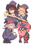  1boy 3girls akko_kagari blonde_hair blue_eyes crossover eyeshadow freckles glasses hair_over_one_eye hat kirby kirby_(series) little_witch_academia long_hair lotte_yanson makeup multiple_girls nintendo open_mouth red_eyes short_hair staff sucy_manbabalan tail witch witch_hat 