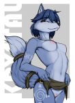 absurd_res anthro blue_body blue_eyes blue_fur blue_hair breasts canid canine clothed clothing featureless_crotch female fluffy fluffy_tail fox fur fur_markings hair hi_res jewelry krystal loincloth_up looking_at_viewer mammal markings midriff narrowed_eyes necklace nintendo nipples raised_tail skimpy smile solo star_fox tail theunnoticedone topless underwear