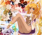  1girl ass bare_legs blonde_hair blue_eyes breasts dark_skin female futaba_lili_ramses high_heels legs leotard long_hair looking_at_viewer navel r-wade shiny_skin small_breasts smile tentacle tentacle_and_witches twintails 