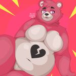 2023 anthro bear belly big_belly big_breasts breasts cuddle_team_leader emanata epic_games eyebrows featureless_breasts featureless_crotch female fortnite fur hi_res love_handles lying mammal markings narrowed_eyes navel nude on_side overweight overweight_anthro overweight_female pink_background scar simple_background smile solo thick_thighs timewornraccoon tuft