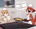 absurd_res anthro appliance apron canid canine canis chef_hat clothing comic cooking domestic_dog duo egg female fox hat headgear headwear hi_res jasminthemanticore mammal meme omelette pan salt_shaker senator_armstrong_(metal_gear) shiba_inu speech_bubble spitz stove