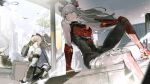  2girls arm_support arm_up bird blue_eyes bokyo box breasts carrying charolic_(girls&#039;_frontline_2) cityscape floating_hair girls&#039;_frontline girls&#039;_frontline_2:_exilium grey_hair gun gun_sling hand_on_own_knee holding holding_box long_hair looking_to_the_side machine_gun multiple_girls parted_lips peritya_(girls&#039;_frontline_2) pkp_pecheneg red_eyes sitting tree weapon 