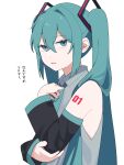  1girl bentou_(bentou_1) blue_eyes collared_shirt detached_sleeves hair_ornament hair_over_shoulder hatsune_miku highres jitome long_hair long_sleeves looking_at_viewer necktie open_mouth shirt sleeveless sleeveless_shirt solo translation_request twintails upper_body very_long_hair vocaloid 