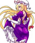  1girl ass backless_dress backless_outfit blonde_hair breasts clothes_lift dress dress_lift elbow_gloves from_behind gloves highres long_hair looking_at_viewer looking_back nioti purple_dress purple_eyes solo touhou very_long_hair white_background white_gloves white_headwear yakumo_yukari 