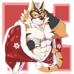 abs anthro asian_clothing blush christmas christmas_clothing clothing east_asian_clothing felid hi_res holidays japanese_clothing kimono lifewonders live_a_hero luis312 male mammal mask muscular muscular_anthro muscular_male nipples one_eye_closed pantherine pecs ryekie_(live_a_hero) solo superhero tiger wink