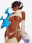  1girl bare_shoulders black_hair blue_eyes breasts commentary dark-skinned_female dark_skin detached_sleeves distr dragon_girl dragon_horns english_commentary facial_mark garter_straps hair_between_eyes highres horns large_breasts looking_at_viewer meme_attire navel original panties parted_lips platinum_dragon_girl_(distr) ribbed_legwear ribbed_panties ribbed_sleeves ribbed_sweater ribbed_thighhighs short_hair side-tie_panties simple_background sleeveless sleeveless_sweater sleeveless_turtleneck solo stomach sweater thighhighs turtleneck turtleneck_sweater underwear virgin_destroyer_sweater white_background white_garter_straps white_panties white_sleeves white_tail white_thighhighs 