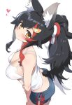  1girl animal_ear_fluff animal_ears bare_shoulders black_hair blue_shorts blush breasts cleavage closed_mouth flipped_hair hair_between_eyes hair_ornament hairclip heart highres hiroikara_(smhong04) hololive kouhaku_nawa long_hair looking_at_viewer medium_breasts motor_vehicle multicolored_hair ookami_mio ponytail red_hair rope shimenawa shorts simple_background smile solo streaked_hair tail tail_around_own_leg tail_wrap tank_top virtual_youtuber white_background white_tank_top wolf_ears wolf_girl wolf_tail yellow_eyes 