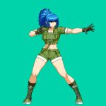  1girl aoi_ship blue_eyes blue_hair boots breasts combat_boots crop_top earrings gloves jewelry large_breasts leona_heidern long_hair military military_uniform muscular muscular_female navel pixel_art ponytail simple_background snk soldier solo the_king_of_fighters triangle_earrings uniform 