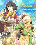  1boy 1girl armor black_eyes black_hair book bra breasts cape cleavage conway_tau earrings eyepatch frills gloves grey_hair jewelry midriff open_mouth ponytail qq_selesneva scarf short_hair shorts smile tales_of_(series) tales_of_innocence underwear weapon yellow_eyes 