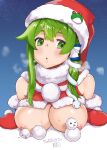  1girl blue_background breasts commentary_request frog_hair_ornament fur_trim gloves green_eyes green_hair hair_ornament hair_tubes hat highres kei_jiei kochiya_sanae large_breasts long_hair looking_at_viewer open_mouth red_gloves red_headwear santa_costume santa_hat sidelocks snake_hair_ornament snowman solo touhou upper_body 