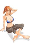  1girl absurdres arm_support arm_up barefoot belt bikini bikini_top_only black_pants blue_bikini breasts brown_belt cleavage collarbone commentary_request highres kashumashux51 large_breasts looking_at_viewer nami_(one_piece) navel one_piece orange_eyes orange_hair pants parted_lips short_hair sitting smile solo swimsuit toes white_background 