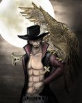  1boy bird black_hair black_hat dracule_mihawk hat hawk male_focus moon necklace one_piece open_shirt shirt solo 