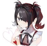  1girl absurdres ame-chan_(needy_girl_overdose) black_eyes black_hair black_ribbon bow collared_shirt eyelashes frown hair_between_eyes hair_ornament hair_over_eyes hair_over_one_eye hairclip heart highres long_hair looking_at_viewer messy_hair neck_ribbon needy_girl_overdose red_shirt ribbon shirt sidelocks simple_background sleeveless solo solo_focus suspenders tsukikaze_aki twintails white_background x_hair_ornament 