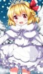  1girl :d alternate_costume blonde_hair blurry blurry_background braid commentary_request dress fur_trim hair_ribbon highres looking_at_viewer open_mouth outdoors red_eyes red_ribbon ribbon rumia rumia_(between_white_light_and_black_night) ruu_(tksymkw) short_hair side_braid single_braid smile snow solo tiara touhou touhou_lost_word white_dress 