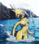  2019 anthro avian beak bird breasts feathers female lilybird navel nipples nude partially_submerged pussy solo water yellow_feathers 