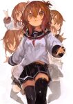  6+girls absurdres black_sailor_collar black_skirt black_thighhighs brown_eyes brown_hair closed_mouth folded_ponytail highres inazuma_(kancolle) kaamin_(mariarose753) kantai_collection long_hair long_sleeves multiple_girls multiple_persona neckerchief open_mouth pleated_skirt red_neckerchief sailor_collar school_uniform serafuku simple_background skirt thighhighs white_background 