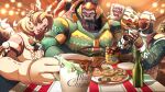  1girl 2boys black_fur broono christmas cookie cup food gloves gorilla holding holding_cup hot_chocolate indoors mercy_(overwatch) multiple_boys overwatch overwatch_2 peanut_butter soldier:_76_(overwatch) string_of_light_bulbs sweater text_on_cup text_on_mug ugly_sweater white_sweater winston_(overwatch) 