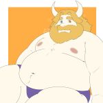 2023 anthro areola asgore_dreemurr beard belly big_belly border boss_monster bovid caprine clothed clothing facial_hair goat hair heterochromia hi_res horn long_hair looking_at_viewer male mammal moobs navel nipples orange_background overweight overweight_anthro overweight_male simple_background sitting solo thick_thighs thong timewornraccoon topless topless_anthro topless_male undertale undertale_(series) underwear white_border