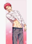  1boy akashi_seijuurou belt clothes_lift grey_pants guilty_challenge_(meme) heterochromia highres kuroko_no_basuke long_sleeves male_focus meme navel pants pg173ab red_eyes red_hair shirt shirt_lift short_hair solo stomach toned toned_male white_shirt yellow_eyes 