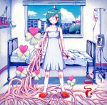  1girl apple aremoyou bed blood blood_bag cityscape clover dress eyepatch food four-leaf_clover fruit green_hair guro highres hospital hospital_bed indoors iv_stand lala_(watashi_no_koko) lamp pastel_colors red_eyes red_footwear roots short_hair solo vignetting watashi_no_koko white_dress 