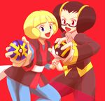  2girls black_hair blonde_hair blue_eyes frontier_brain glasses hand_holding kogomi_(pokemon) multiple_girls nakaba open_mouth pokemon purple_eyes quick_ball rioka_(pokemon) simple_background ultra_ball 