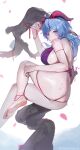  1girl absurdres ahoge alternate_costume ass barefoot blue_hair blurry breasts chenmovicio commentary depth_of_field foot_out_of_frame ganyu_(genshin_impact) genshin_impact goat_horns hand_up highres horns large_breasts long_hair looking_at_viewer looking_back open_mouth purple_eyes purple_horns sideboob solo white_background 