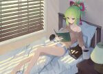  1boy 1girl arataki_itto bare_legs barefoot bed book commentary_request cup genshin_impact green_hair grey_sweater highres holding holding_book holding_cup indoors kuki_shinobu long_sleeves mug ningen_gokko no_pants off-shoulder_sweater off_shoulder panties pillow ponytail short_hair single_bare_shoulder solo_focus sweater thighs underwear white_panties window_blinds 