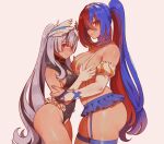  2girls alear_(female)_(fire_emblem) alear_(fire_emblem) bare_shoulders black_hair blue_eyes blue_hair braid breasts crossed_bangs crotchless crotchless_leotard fire_emblem fire_emblem_engage frills garter_straps grabbing grabbing_another&#039;s_breast grey_hair groping hair_ornament heterochromia highres incest large_breasts long_hair looking_at_viewer multicolored_hair multiple_girls nervous nervous_smile nipples nyantcha official_alternate_hairstyle petite purple_eyes red_eyes red_hair skirt small_breasts smile split-color_hair thick_thighs thighhighs thighs tiara two-tone_hair very_long_hair veyle_(fire_emblem) wavy_hair yuri 