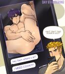  2boys anal_fingering anus ass blonde_hair blue_hair completely_nude english_text fingering highres holding holding_phone kaito_(kaitobaras) looking_at_viewer lying multiple_boys muscular muscular_male nipples nude phone short_hair solo_focus spread_legs text_messaging uncensored yaoi 