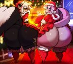anthro big_butt biped black_body breasts butt clothed clothing duo eyelashes female fur genitals hat headgear headwear hi_res huge_butt inuzu looking_back male mammal mephitid pupils raised_tail skunk smile tail thick_thighs