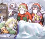  1boy 3girls aged_down black_hair blonde_hair blush box breasts brown_hair christmas closed_eyes dress gensou_suikoden gensou_suikoden_iii gift gift_box green_eyes hat ikunosake leknaat long_hair luc_(suikoden) multiple_girls red_headwear santa_costume santa_dress santa_hat sarah_(suikoden_iii) short_hair viki_(suikoden) 