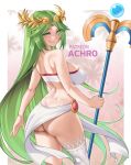  1girl :q achromaru ass breasts circlet dimples_of_venus floating_hair from_behind green_eyes green_hair highres holding holding_staff kid_icarus large_breasts long_hair looking_at_viewer looking_back palutena patreon_username single_thighhigh skindentation skirt solo staff thighhighs tiara tongue tongue_out very_long_hair white_skirt white_thighhighs 