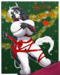 absurd_res anthro bdsm big_breasts black_body black_fur black_hair blue_eyes bondage bound bovid bovine breast_grab breast_squish breasts cattle caulette_flower christmas communaughty female fur hair hand_on_breast hi_res holidays horn huge_breasts hyper mammal navel ribbon_bondage ribbons solo spots spotted_body spotted_fur squish tail thick_thighs white_body white_fur white_hair wide_hips