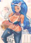  1girl ;) abs ahoge animal_ear_fluff animal_ears animal_hands apple apple_juice artist_name big_hair bikini_tan blue_bra blue_eyes blue_hair body_fur bra breasts cat_ears cat_girl cat_paws claws commentary cowboy_shot cup denim drinking_glass english_text fang felicia_(vampire) food food_stand fruit hand_up heart highres howxen huge_ahoge jeans large_breasts leaning_on_table long_hair looking_at_viewer one_eye_closed pants patreon_username red_nails smile solo star_(symbol) tan tanlines torn_clothes torn_jeans torn_pants underwear unzipped vampire_(game) veins veiny_breasts very_long_hair white_fur wink_star 
