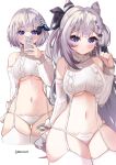  1girl absurdres blue_eyes bob_cut breasts cellphone cone_hair_bun detached_sleeves grey_garter_straps grey_hair grey_panties grey_sleeves grey_sweater grey_thighhighs hair_bun highres holding holding_phone hololive hololive_indonesia long_hair looking_at_viewer medium_breasts meme_attire navel panties phone rokusketch smartphone solo sweater thighhighs underwear vestia_zeta virgin_destroyer_sweater virtual_youtuber 