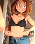  2girls absurdres asui_tsuyu bakugou_katsuki bandaid bandaid_on_neck bare_arms bare_shoulders black_bra blush_stickers boku_no_hero_academia bra brown_eyes brown_hair clothes_writing denim english_commentary grin highres indoors jeans khyle. looking_at_viewer midnight_(boku_no_hero_academia) multiple_girls navel pants shirt short_hair smile stomach underwear upper_body uraraka_ochako white_shirt 