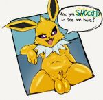2023 4_fingers anthro anthrofied balls big_balls biped black_eyes black_inner_ear cheek_tuft colored_sketch dialogue eeveelution english_text erection eyelashes facial_tuft fingers foreskin fupa fur generation_1_pokemon genitals glans head_tuft hi_res jolteon looking_at_viewer male mammal mane navel nintendo nokemop open_mouth overweight overweight_anthro overweight_male penis pokemon pokemon_(species) pokemorph prick_ears pupils purple_eyes shaded sharp_teeth sitting sketch small_penis smug solo speech_bubble teeth text thick_thighs tongue tuft white_body white_fur white_pupils yellow_body yellow_fur