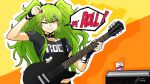  1girl absurdres amplifier arm_up artist_name black_nails black_shirt bracelet breasts collar collarbone earrings electric_guitar english_text girls&#039;_frontline green_hair guitar hair_between_eyes hair_ornament hairclip highres holding holding_guitar holding_instrument holding_plectrum instrument jewelry juice_box large_breasts long_hair looking_at_viewer m950a_(girls&#039;_frontline) necklace one_eye_closed outline plectrum shirt short_sleeves smile solo speech_bubble spiked_bracelet spikes tied_shirt tryvor twintails yellow_eyes 