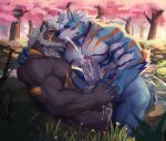  abs absurd_res anthro balls biceps big_penis black_nose blue_body blue_fur bodily_fluids brown_body brown_fur brown_penis bulge canid canine canis cherry_blossom cherry_blossom_tree cherry_tree claws cum cum_on_balls cum_on_leg cum_on_penis cumshot duo ejaculation erection eye_scar eyes_closed facial_scar fingers flower forest fruit_tree fur genital_fluids genitals glans gold_markings hair hand_holding hi_res horn interlocked_fingers jewelry kissing kult2k looking_at_another lugerdius male male/male mammal markings muscular muscular_anthro muscular_male muscular_thighs navel nipple_piercing nipples on_ground open_mouth orange_markings orgasm outside pecs penis piercing pink_glans pink_nipples pink_nose plant prunus_(flower) purple_markings ring_piercing scar tail teeth touching_noses tree triceps tuft white_body white_claws white_fur white_hair white_horn white_penis wolf 