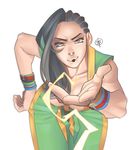  1girl asymmetrical_hair black_hair blowing breasts cleavage collarbone cornrows electricity front-tie_top hanging_breasts laura_matsuda leaning leaning_forward looking_at_viewer solo street_fighter street_fighter_v talez01 wristband wristbands 