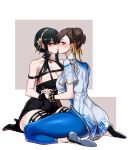  2girls absurdres ass back black_footwear black_hair bracelet breasts brown_eyes brown_hair china_dress chinese_clothes chun-li commission crossover dogs_(dlrkdejr26) double_bun dress earrings gold_earrings gold_hairband hair_bun hair_ribbon hairband high_heels highres imminent_kiss interlocked_fingers jewelry large_breasts long_hair looking_at_viewer multiple_girls pantyhose pelvic_curtain puffy_short_sleeves puffy_sleeves red_eyes ribbon road short_sleeves side_slit sidelocks sitting spy_x_family street_fighter street_fighter_6 studded_bracelet thick_thighs thighs two-sided_dress two-sided_fabric unitard wariza yellow_ribbon yor_briar yuri 