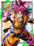  1boy absurdres blue_sash blue_undershirt commentary_request dougi dragon_ball dragon_ball_super highres looking_at_viewer muscular muscular_male orange_pants orange_shirt pants pectorals red_eyes red_hair sash shirt smile solo son_goku spiked_hair super_saiyan super_saiyan_god ushi_(akabec0) 