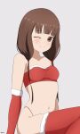  1girl ;) bare_shoulders bikini blush brown_eyes brown_hair closed_mouth collarbone dsuzu fur-trimmed_gloves fur_trim gloves grey_background highres iino_miko kaguya-sama_wa_kokurasetai_~tensai-tachi_no_renai_zunousen~ long_hair navel one_eye_closed red_bikini red_gloves red_thighhighs santa_bikini simple_background sitting smile solo strapless swimsuit thighhighs 