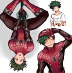  1boy animal_print arm_up artist_name black_eyes blush bodysuit boku_no_hero_academia brown_bodysuit closed_eyes closed_mouth clothes_writing cosplay covered_collarbone crossover freckles green_eyes green_hair hand_up highres looking_at_viewer looking_to_the_side male_focus marvel mask midoriya_izuku mikahyuni open_mouth red_bodysuit red_mask shirt short_hair short_sleeves simple_background smile solo spider-man spider-man_(cosplay) spider-man_(series) spider_print spider_web_print spiked_hair t-shirt teeth tongue two-tone_bodysuit upside-down white_background white_shirt 