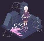  1girl asahi_(asahiislate) black_gloves black_skirt boots braid danganronpa:_trigger_happy_havoc danganronpa_(series) gloves grey_hair high_heel_boots high_heels highres jacket kirigiri_kyoko knee_boots long_hair magnifying_glass necktie open_clothes open_jacket pleated_skirt purple_footwear purple_jacket shirt side_braid skirt solo standing white_hair white_shirt 