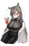  1girl animal_ear_fluff animal_ears arknights arm_support black_skirt black_sweater blush braid breasts brown_eyes covered_navel cup drunk extra_ears grey_hair hair_behind_ear hair_ornament hairclip high-waist_skirt highres holding holding_cup horn/wood jacket large_breasts long_hair looking_at_viewer mole_on_forehead off_shoulder official_alternate_costume parted_lips penance_(arknights) penance_(occasionally_flushed)_(arknights) ribbed_sweater simple_background sitting skirt solo sweater white_background white_jacket wolf_ears wolf_girl 