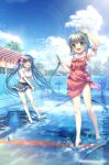  2girls arm_up barefoot blue_hair blue_sky blush bow cleaning cloud collaboration day dress full_body green_eyes green_hair hair_bow hinoue_itaru hirose_maki holding holding_hose holding_mop hose long_hair looking_at_viewer mocha_(cotton) mop multiple_girls nanase_rumi official_art one_-_kagayaku_kisetsu_e open_mouth outdoors pinafore_dress pink_bow pool puffy_short_sleeves puffy_sleeves shirt short_hair short_sleeves skirt sky sleeveless sleeveless_dress smile sunlight tied_dress tied_shirt twintails very_long_hair wading water 