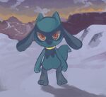  absurdres arms_at_sides buraisu12 closed_mouth dusk full_body highres looking_ahead looking_at_viewer no_humans orange_eyes orange_sky outdoors pokemon pokemon_(creature) riolu shadow sky snow solo standing 